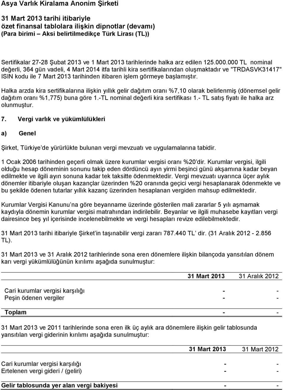 Halka arzda kira sertifikalarına ilişkin yıllık gelir dağıtım oranı %7,10 olarak belirlenmiş (dönemsel gelir dağıtım oranı %1,775) buna göre 1.-TL nominal değerli kira sertifikası 1.