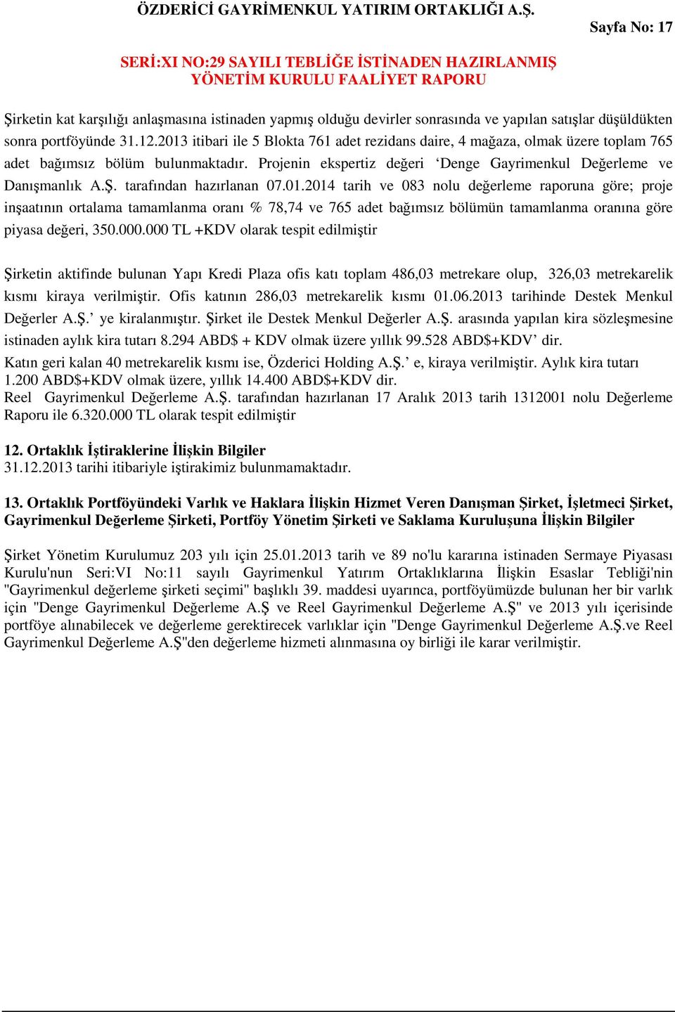 düşüldükten sonra portföyünde 31.12.2013 itibari ile 5 Blokta 761 adet rezidans daire, 4 mağaza, olmak üzere toplam 765 adet bağımsız bölüm bulunmaktadır.