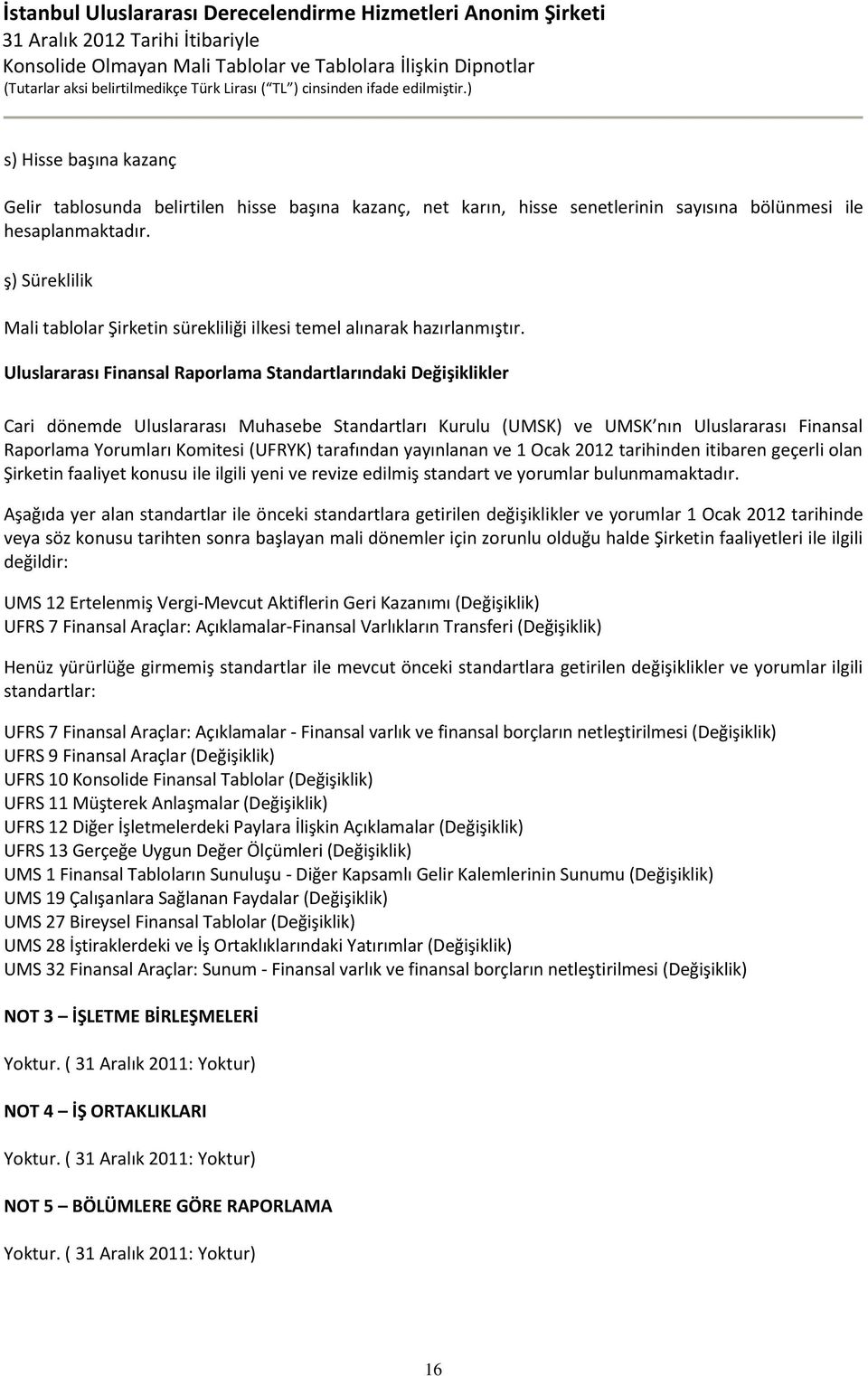 Uluslararası Finansal Raporlama Standartlarındaki Değişiklikler Cari dönemde Uluslararası Muhasebe Standartları Kurulu (UMSK) ve UMSK nın Uluslararası Finansal Raporlama Yorumları Komitesi (UFRYK)