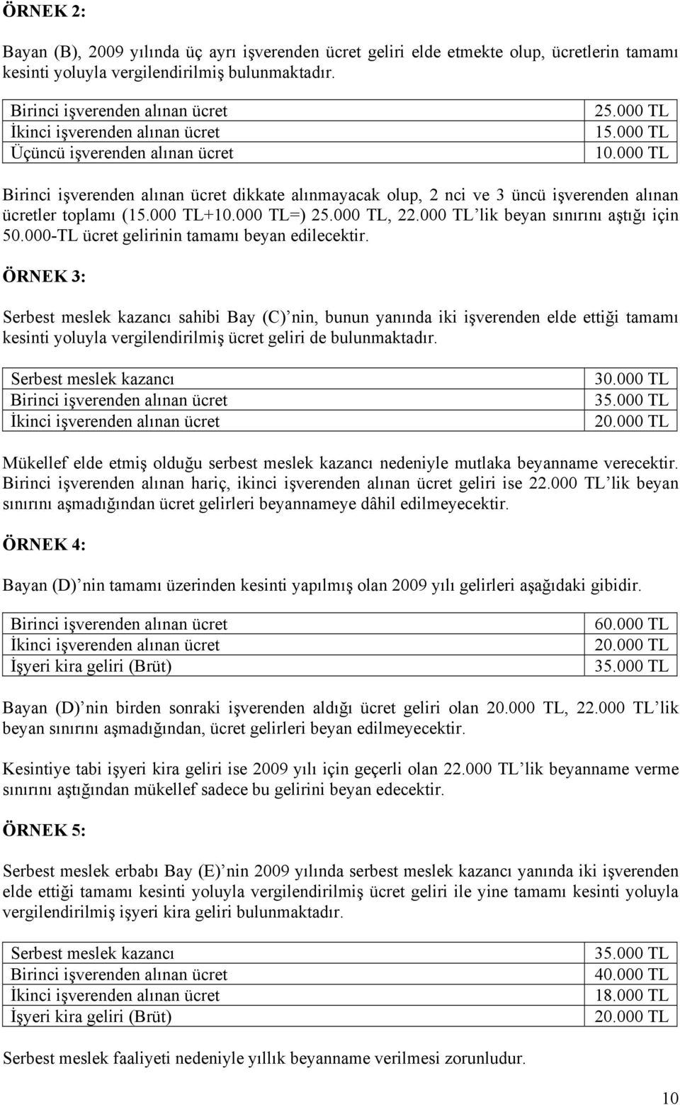 000 TL Birinci işverenden alınan ücret dikkate alınmayacak olup, 2 nci ve 3 üncü işverenden alınan ücretler toplamı (15.000 TL+10.000 TL=) 25.000 TL, 22.000 TL lik beyan sınırını aştığı için 50.