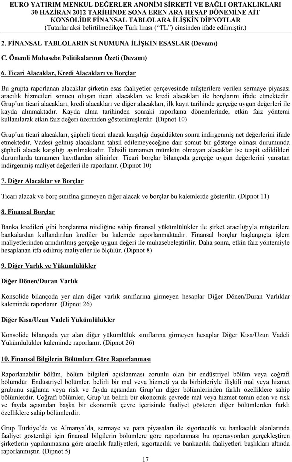 alacakları ve kredi alacakları ile borçlarını ifade etmektedir. Grup un ticari alacakları, kredi alacakları ve diğer alacakları, ilk kayıt tarihinde gerçeğe uygun değerleri ile kayda alınmaktadır.