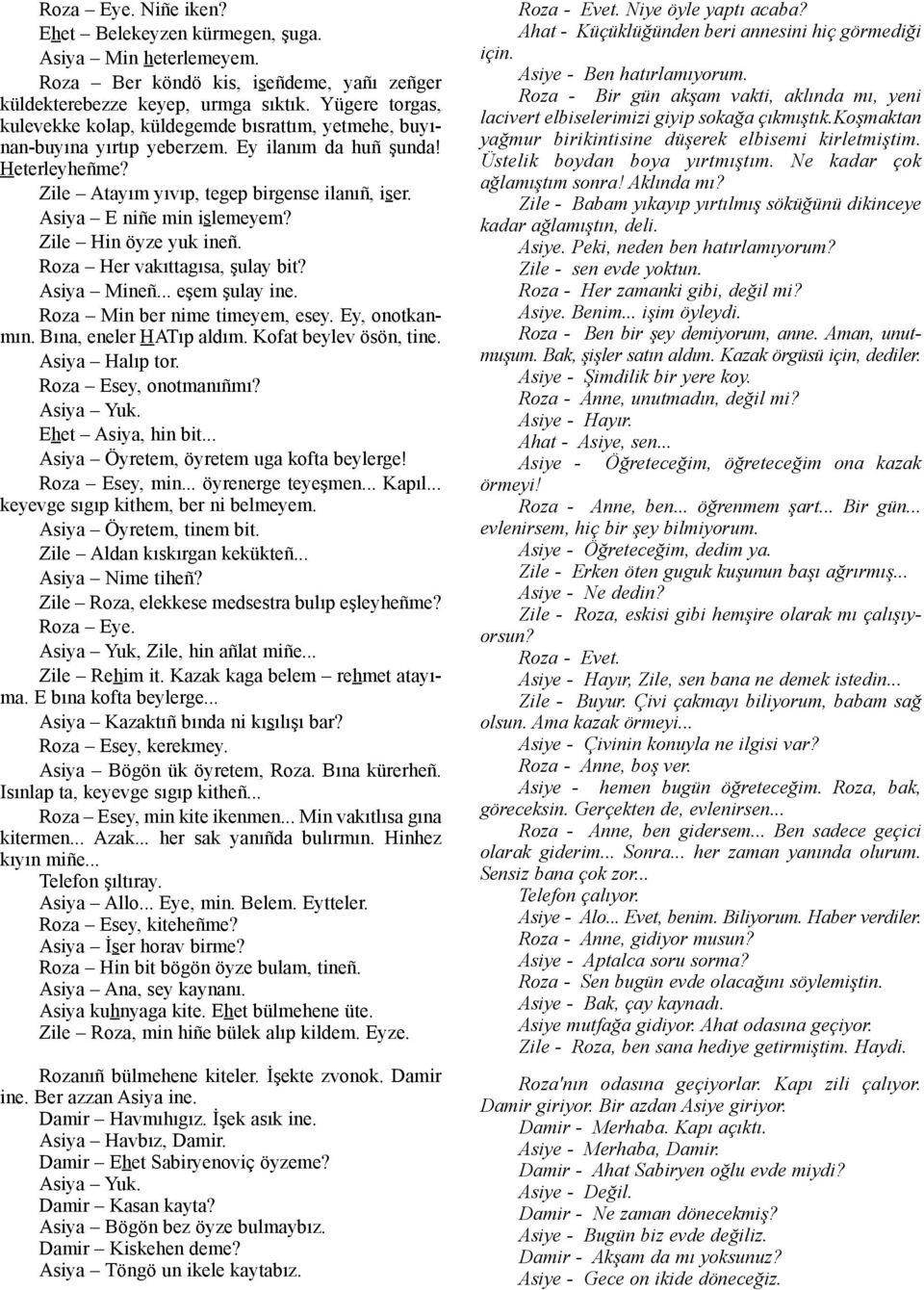 Asiya E niñe min islemeyem? Zile Hin öyze yuk ineñ. Roza Her vakýttagýsa, þulay bit? Asiya Mineñ... eþem þulay ine. Roza Min ber nime timeyem, esey. Ey, onotkanmýn. Býna, eneler HATýp aldým.