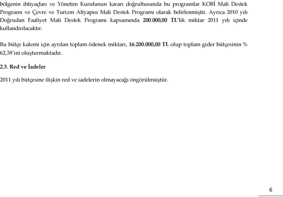 000,00 TL lik miktar 2011 yılı içinde kullandırılacaktır. Bu bütçe kalemi için ayrılan toplam ödenek miktarı, 16.200.