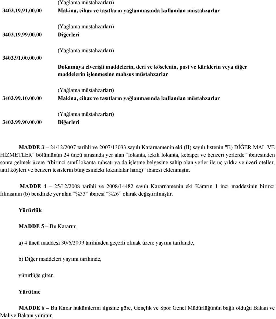 00 Makina, cihaz ve taşıtların yağlanmasında kullanılan müstahzarlar 3403.99.90.00.00 Diğerleri MADDE 3 24/12/2007 tarihli ve 2007/13033 sayılı Kararnamenin eki (II) sayılı listenin "B) DİĞER MAL VE