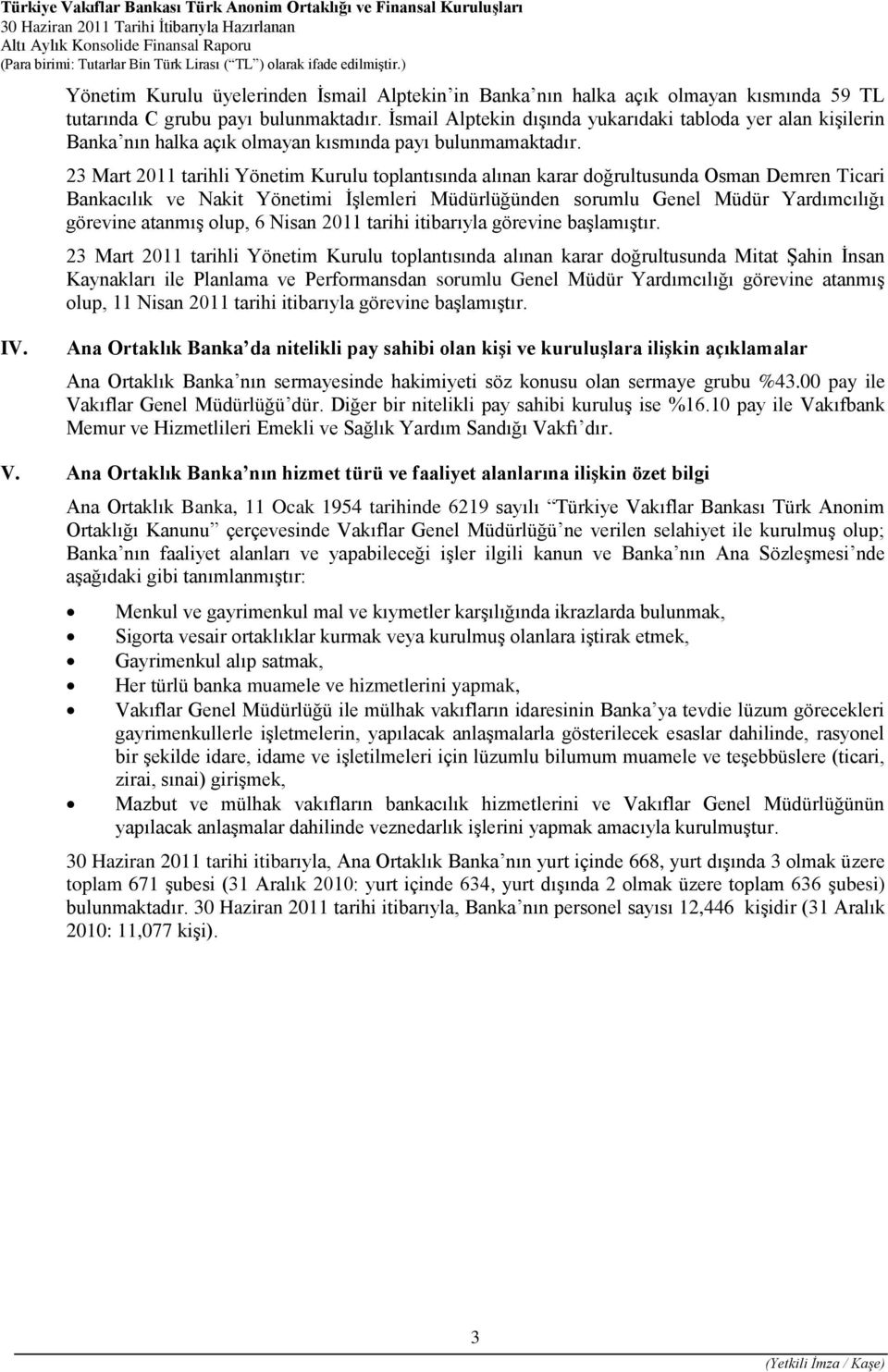 23 Mart 2011 tarihli Yönetim Kurulu toplantısında alınan karar doğrultusunda Osman Demren Ticari Bankacılık ve Nakit Yönetimi İşlemleri Müdürlüğünden sorumlu Genel Müdür Yardımcılığı görevine atanmış