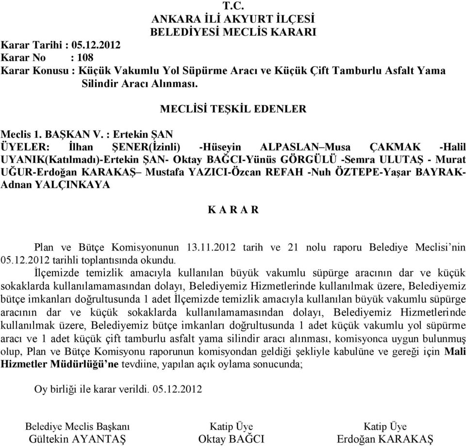 BAYRAK- Adnan YALÇINKAYA Plan ve Bütçe Komisyonunun 13.11.2012 tarih ve 21 nolu raporu Belediye Meclisi nin 05.12.2012 tarihli toplantısında okundu.