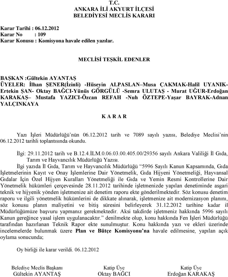 BAYRAK-Adnan YALÇINKAYA Yazı İşleri Müdürlüğü nün 06.12.2012 tarih ve 7089 sayılı yazısı, Belediye Meclisi nin 06.12.2012 tarihli toplantısında okundu. İlgi: 29.11.2012 tarih ve B.12.4.İLM.0.06.03.00.