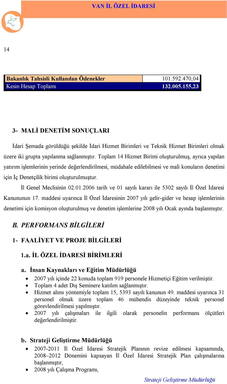 Toplam Hizmet Birimi oluşturulmuş, ayrıca yapılan yatırım işlemlerinin yerinde değerlendirilmesi, müdahale edilebilmesi ve mali konuların denetimi için İç Denetçilik birimi oluşturulmuştur.