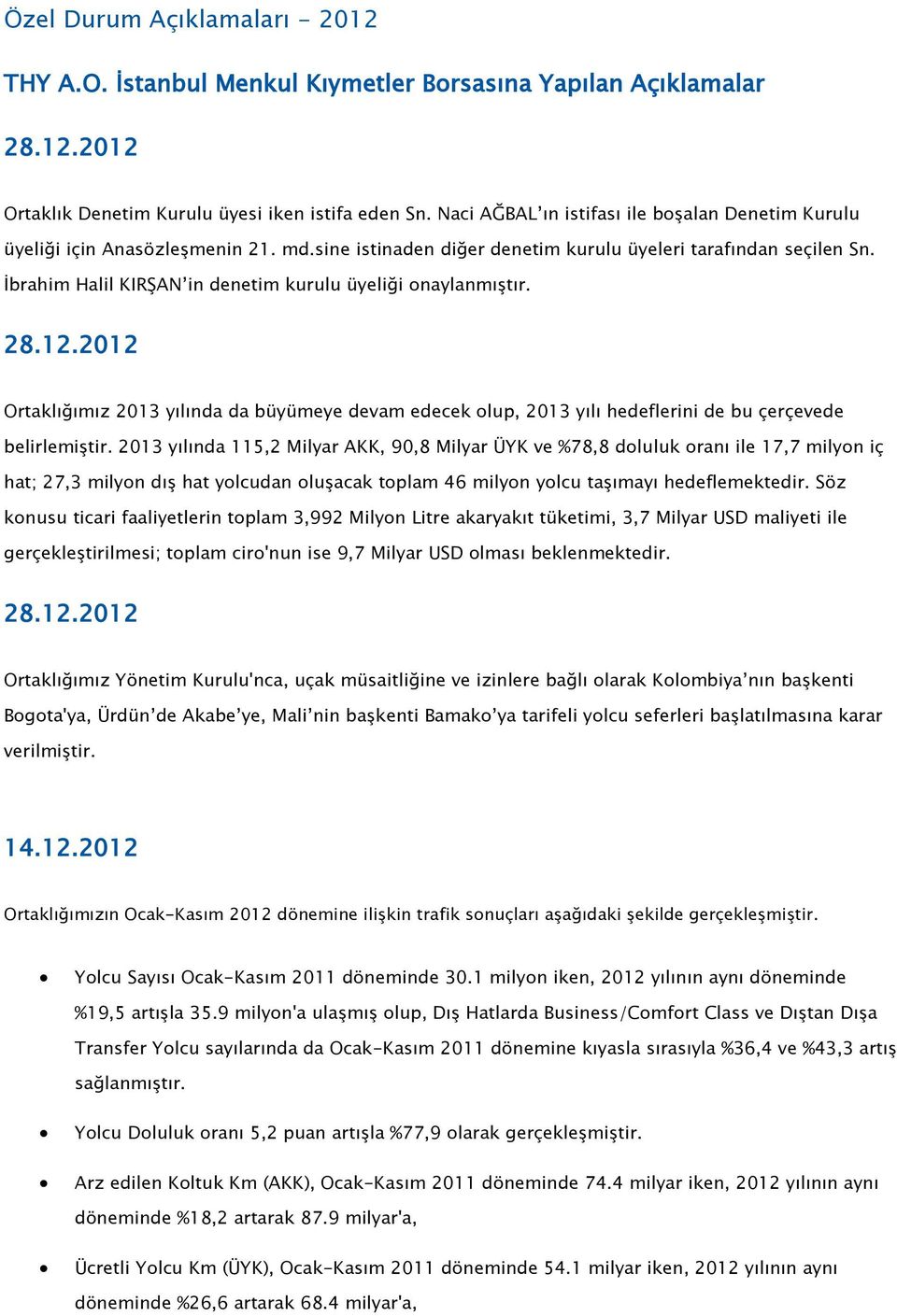 İbrahim Halil KIRŞAN in denetim kurulu üyeliği onaylanmıştır. 28.12.2012 Ortaklığımız 2013 yılında da büyümeye devam edecek olup, 2013 yılı hedeflerini de bu çerçevede belirlemiştir.