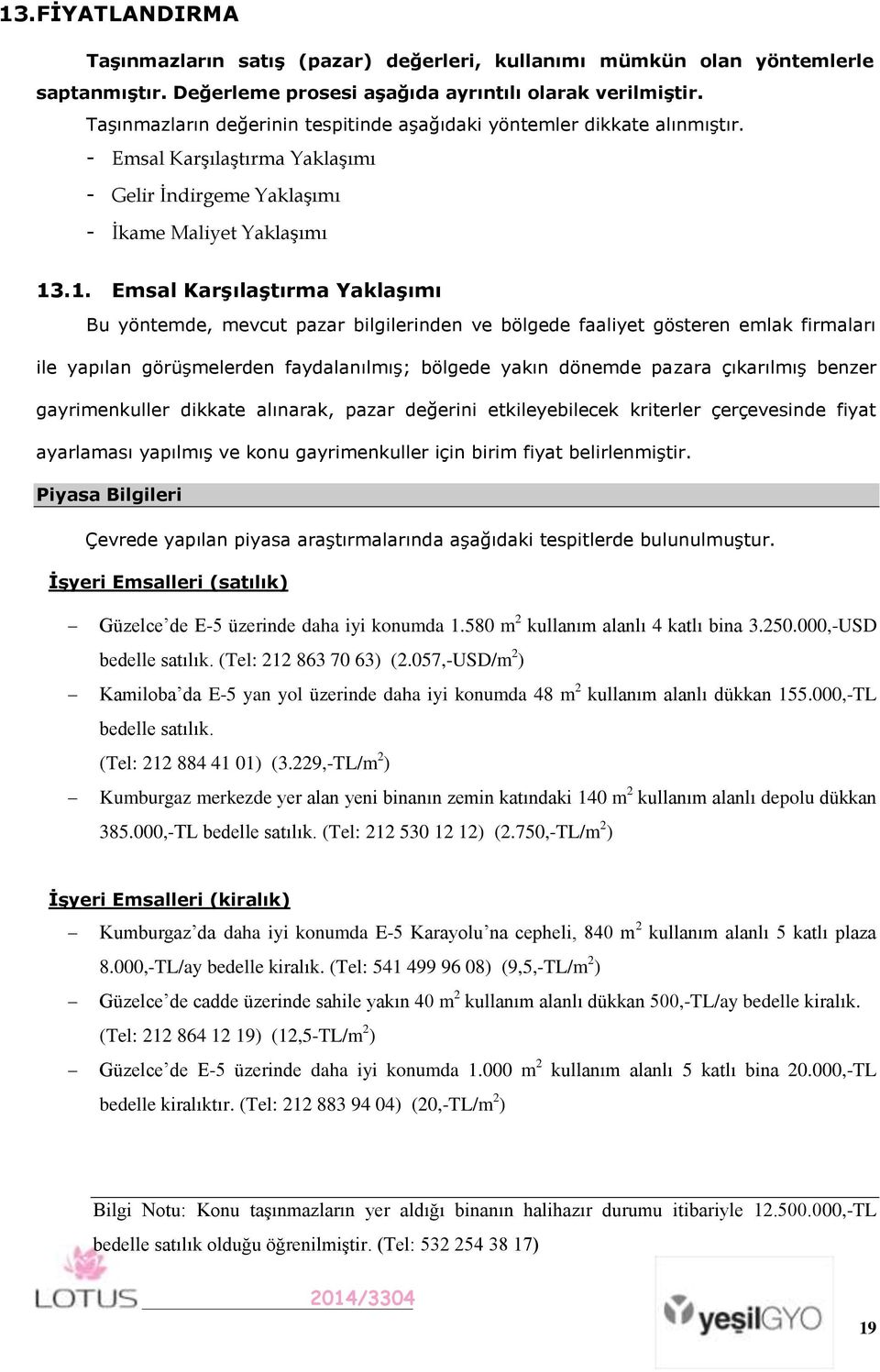 .1. Emsal KarĢılaĢtırma YaklaĢımı Bu yöntemde, mevcut pazar bilgilerinden ve bölgede faaliyet gösteren emlak firmaları ile yapılan görüşmelerden faydalanılmış; bölgede yakın dönemde pazara çıkarılmış