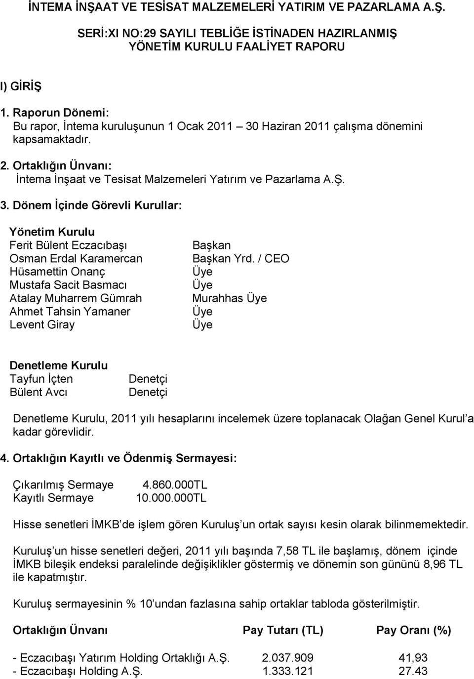 Haziran 2011 çalışma dönemini kapsamaktadır. 2. Ortaklığın Ünvanı: İntema İnşaat ve Tesisat Malzemeleri Yatırım ve Pazarlama A.Ş. 3.