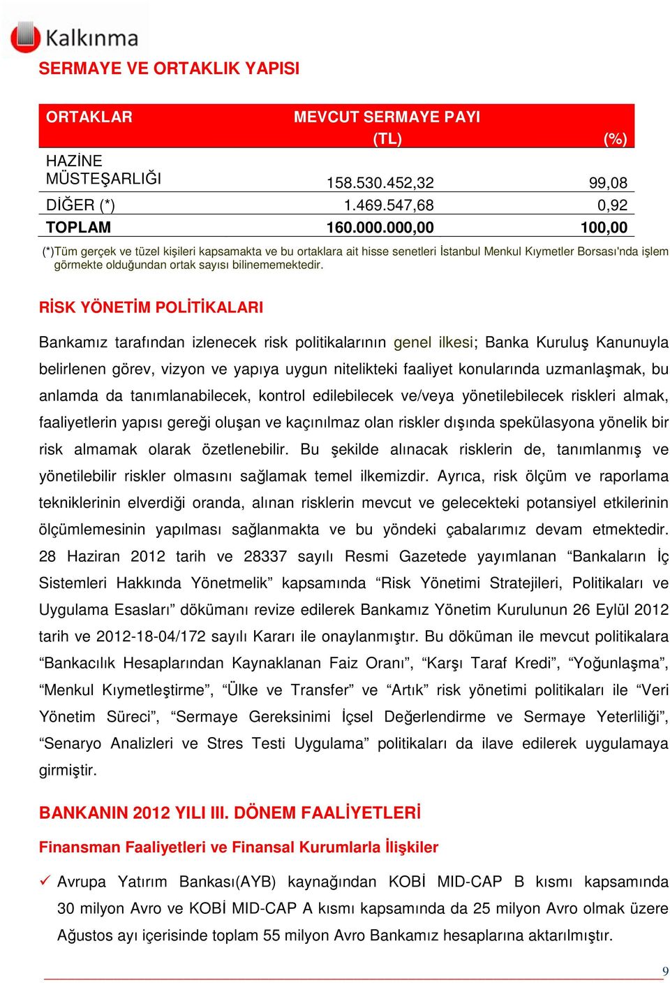 RİSK YÖNETİM POLİTİKALARI Bankamız tarafından izlenecek risk politikalarının genel ilkesi; Banka Kuruluş Kanunuyla belirlenen görev, vizyon ve yapıya uygun nitelikteki faaliyet konularında