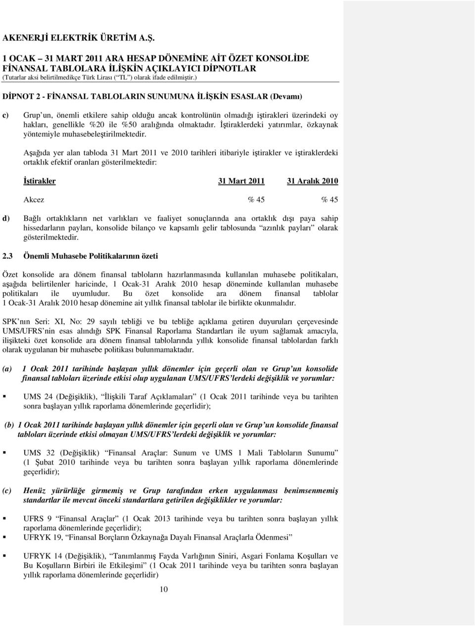Aşağıda yer alan tabloda 31 Mart 2011 ve 2010 tarihleri itibariyle iştirakler ve iştiraklerdeki ortaklık efektif oranları gösterilmektedir: İştirakler 31 Mart 2011 31 Aralık 2010 Akcez % 45 % 45 d)