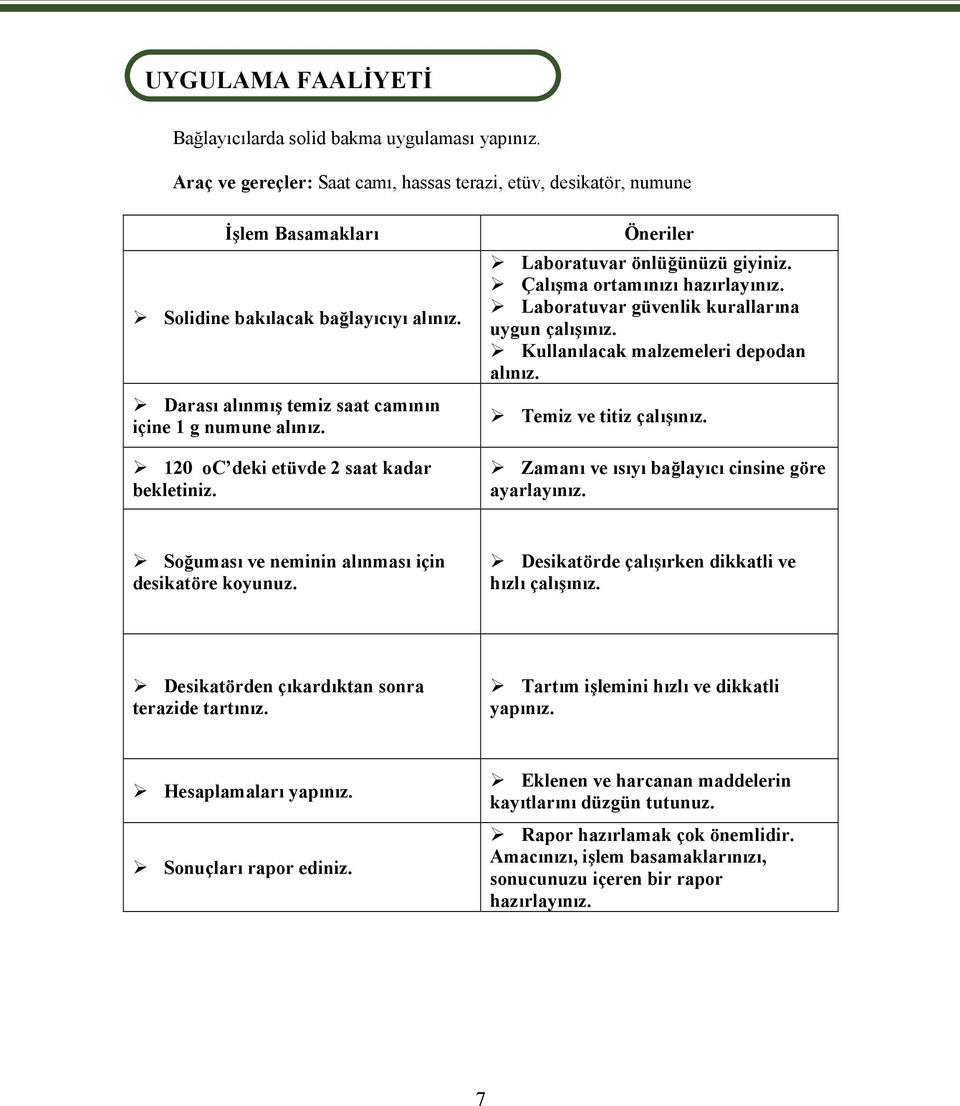 120 oc deki etüvde 2 saat kadar bekletiniz. Öneriler Laboratuvar önlüğünüzü giyiniz. Çalışma ortamınızı hazırlayınız. Laboratuvar güvenlik kurallarına uygun çalışınız.