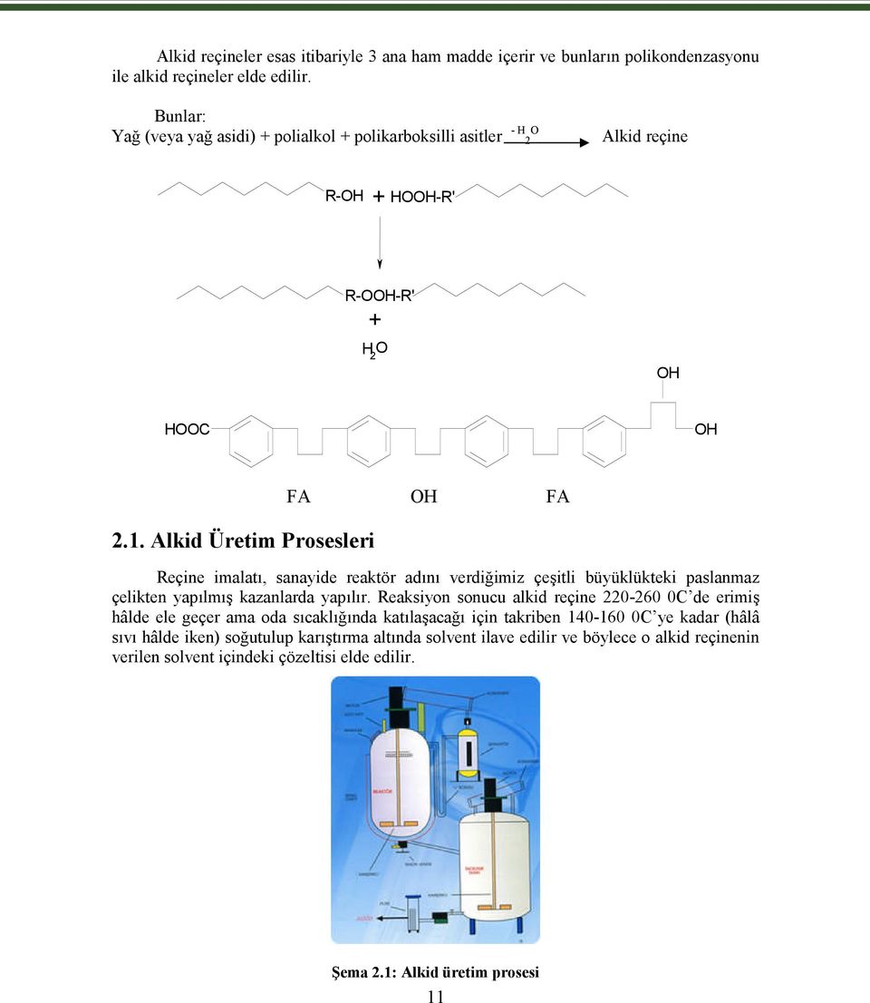 Alkid Üretim Prosesleri FA OH FA Reçine imalatı, sanayide reaktör adını verdiğimiz çeşitli büyüklükteki paslanmaz çelikten yapılmış kazanlarda yapılır.