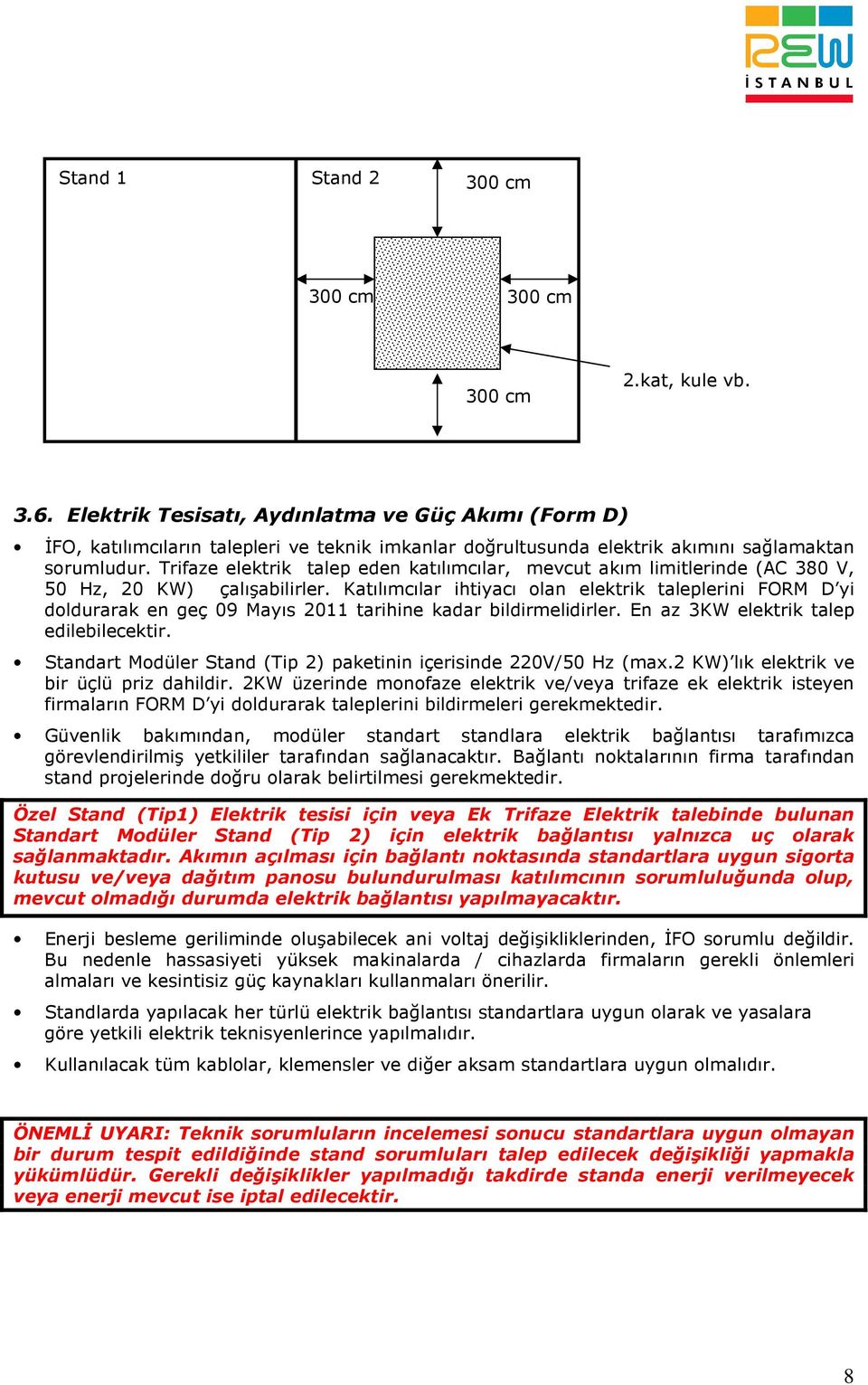 Katılımcılar ihtiyacı olan elektrik taleplerini FORM D yi doldurarak en geç 09 Mayıs 2011 tarihine kadar bildirmelidirler. En az 3KW elektrik talep edilebilecektir.