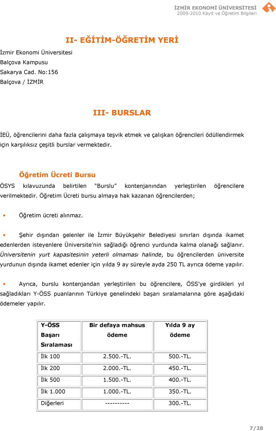 Öğretim Ücreti Bursu ÖSYS kılavuzunda belirtilen Burslu kontenjanından yerleştirilen öğrencilere verilmektedir. Öğretim Ücreti bursu almaya hak kazanan öğrencilerden; Öğretim ücreti alınmaz.