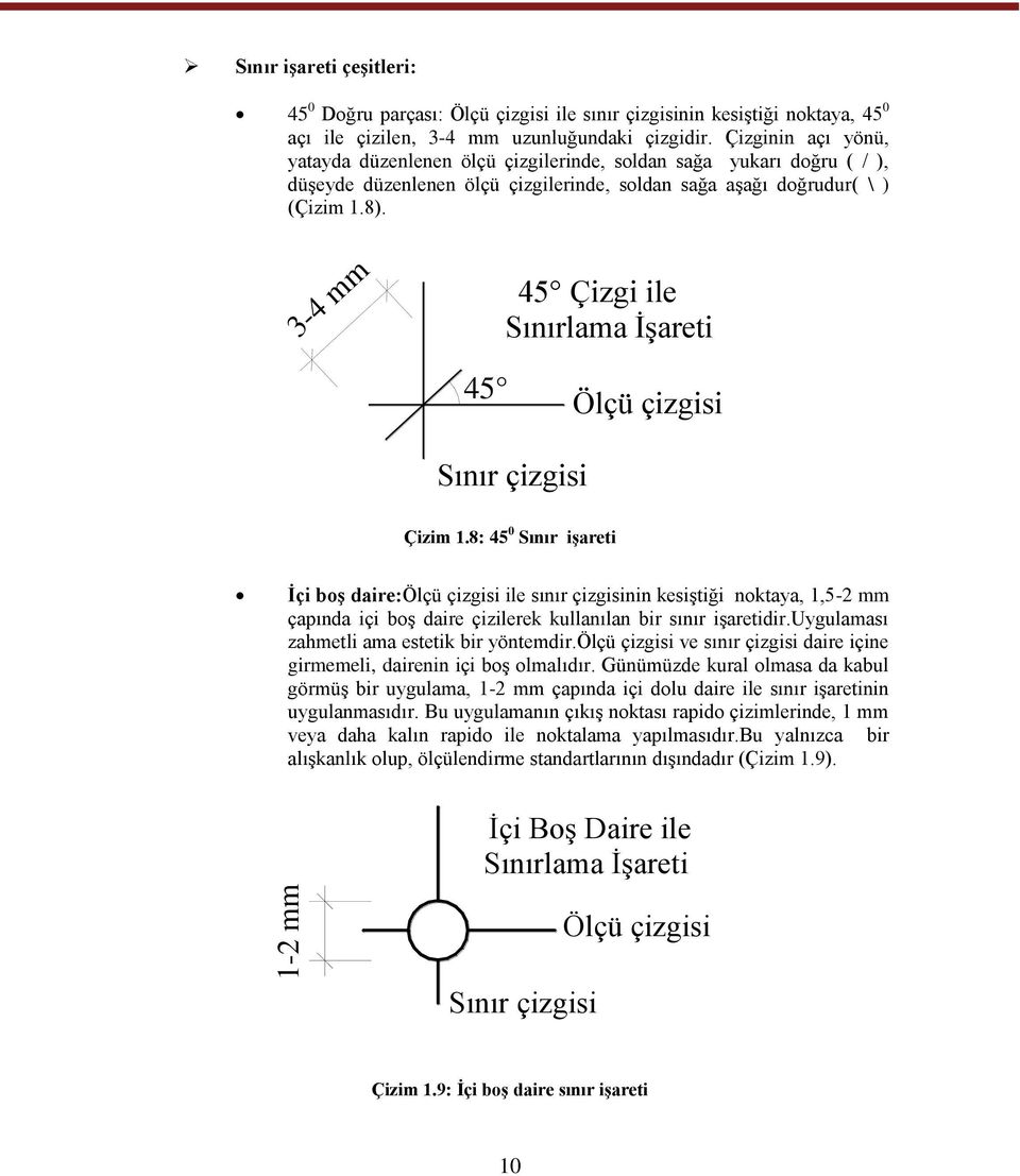 3-4 mm 45 Çizgi ile Sınırlama ĠĢareti 45 Ölçü çizgisi Sınır çizgisi Çizim 1.