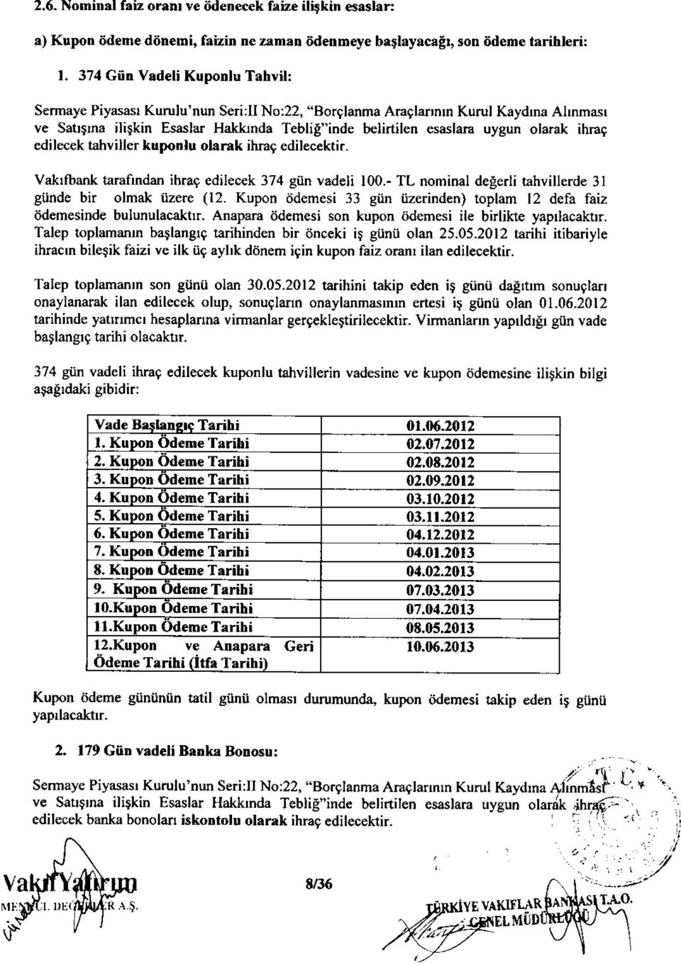 ihraq edilecek tahviller kuponlu olarak ihrag edilecektir. Vakrfbank tarafindan ihrag edilecek 374 giin vadeli 100.- TL nominal degerli tahvillerde 3l giinde bir olmak iizere (12.