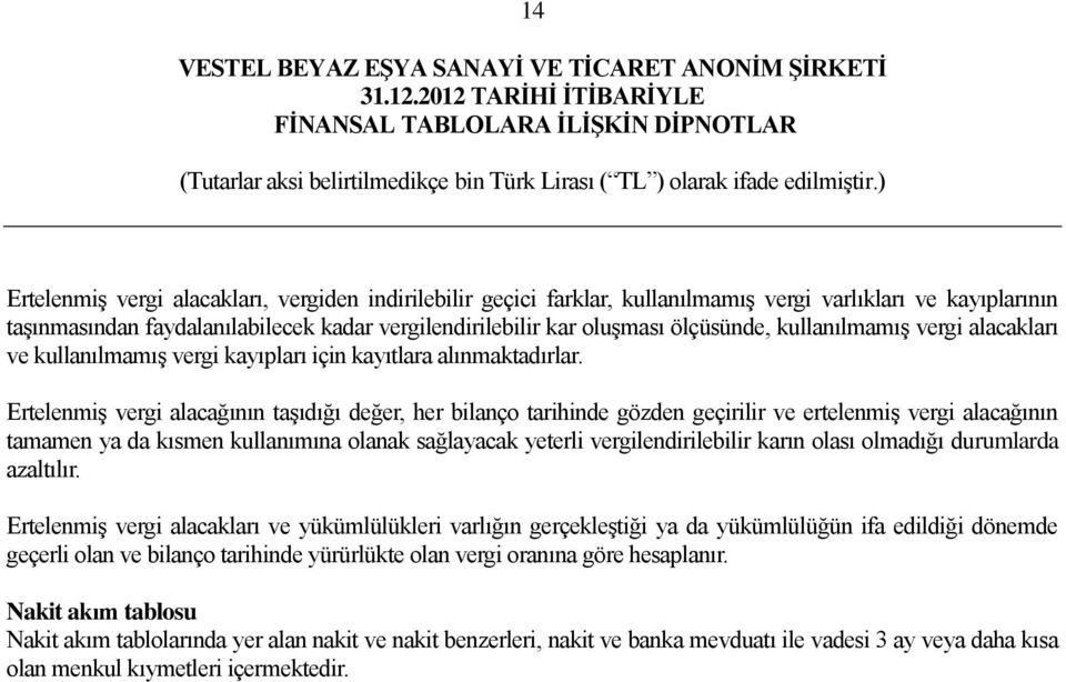 Ertelenmiş vergi alacağının taşıdığı değer, her bilanço tarihinde gözden geçirilir ve ertelenmiş vergi alacağının tamamen ya da kısmen kullanımına olanak sağlayacak yeterli vergilendirilebilir karın