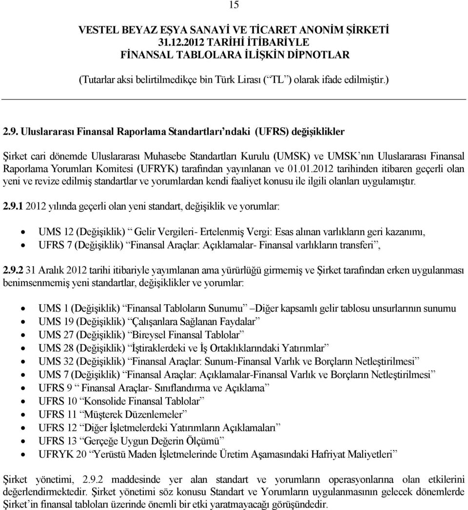 Komitesi (UFRYK) tarafından yayınlanan ve 01.01.2012 tarihinden itibaren geçerli olan yeni ve revize edilmiş standartlar ve yorumlardan kendi faaliyet konusu ile ilgili olanları uygulamıştır. 2.9.