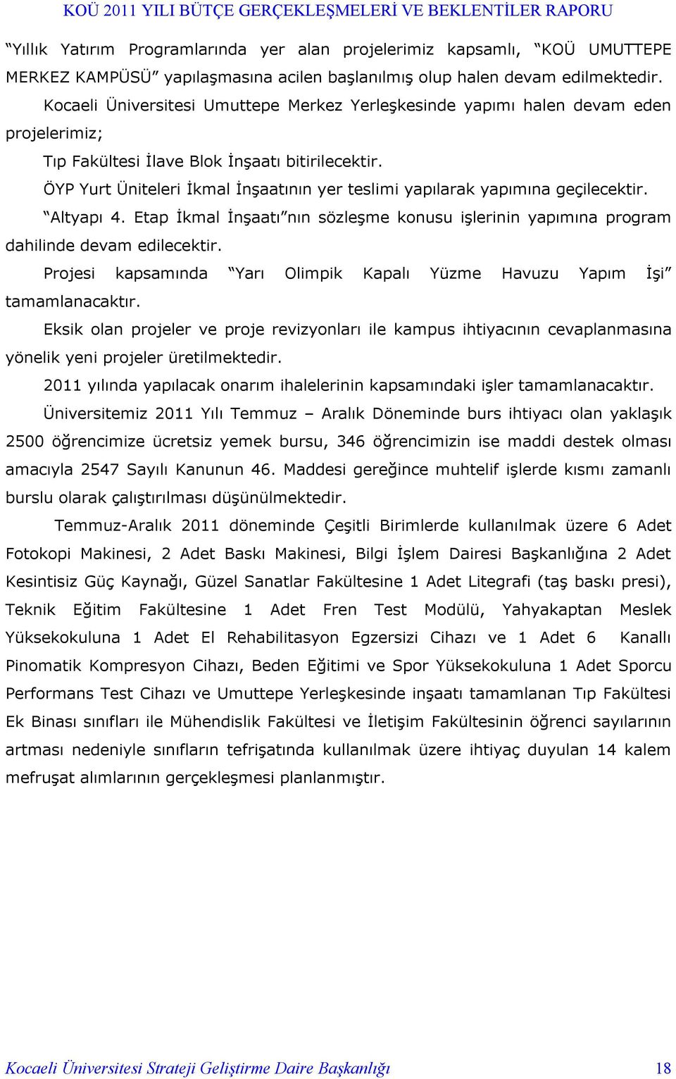 ÖYP Yurt Üniteleri İkmal İnşaatının yer teslimi yapılarak yapımına geçilecektir. Altyapı 4. Etap İkmal İnşaatı nın sözleşme konusu işlerinin yapımına program dahilinde devam edilecektir.