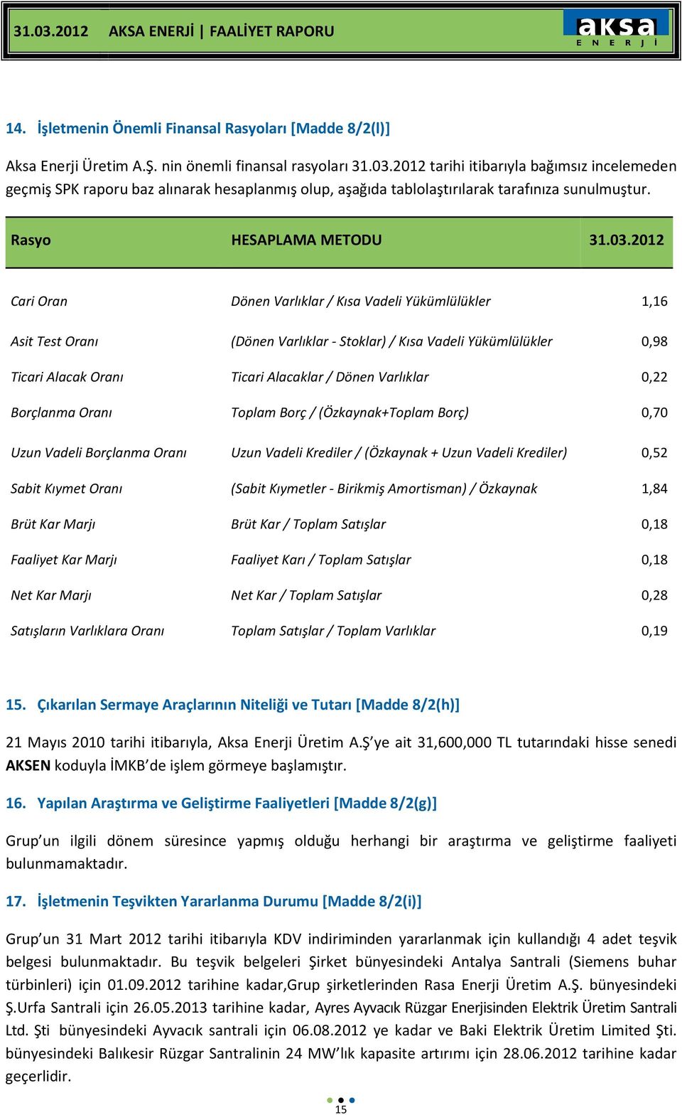 2012 Cari Oran Dönen Varlıklar / Kısa Vadeli Yükümlülükler 1,16 Asit Test Oranı (Dönen Varlıklar - Stoklar) / Kısa Vadeli Yükümlülükler 0,98 Ticari Alacak Oranı Ticari Alacaklar / Dönen Varlıklar