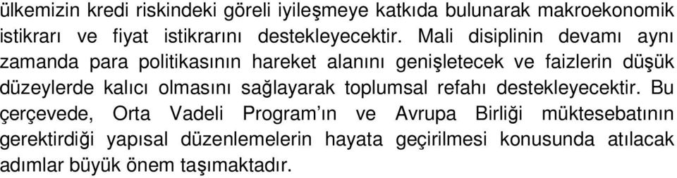 Mali disiplinin devamı aynı zamanda para politikasının hareket alanını genişletecek ve faizlerin düşük düzeylerde