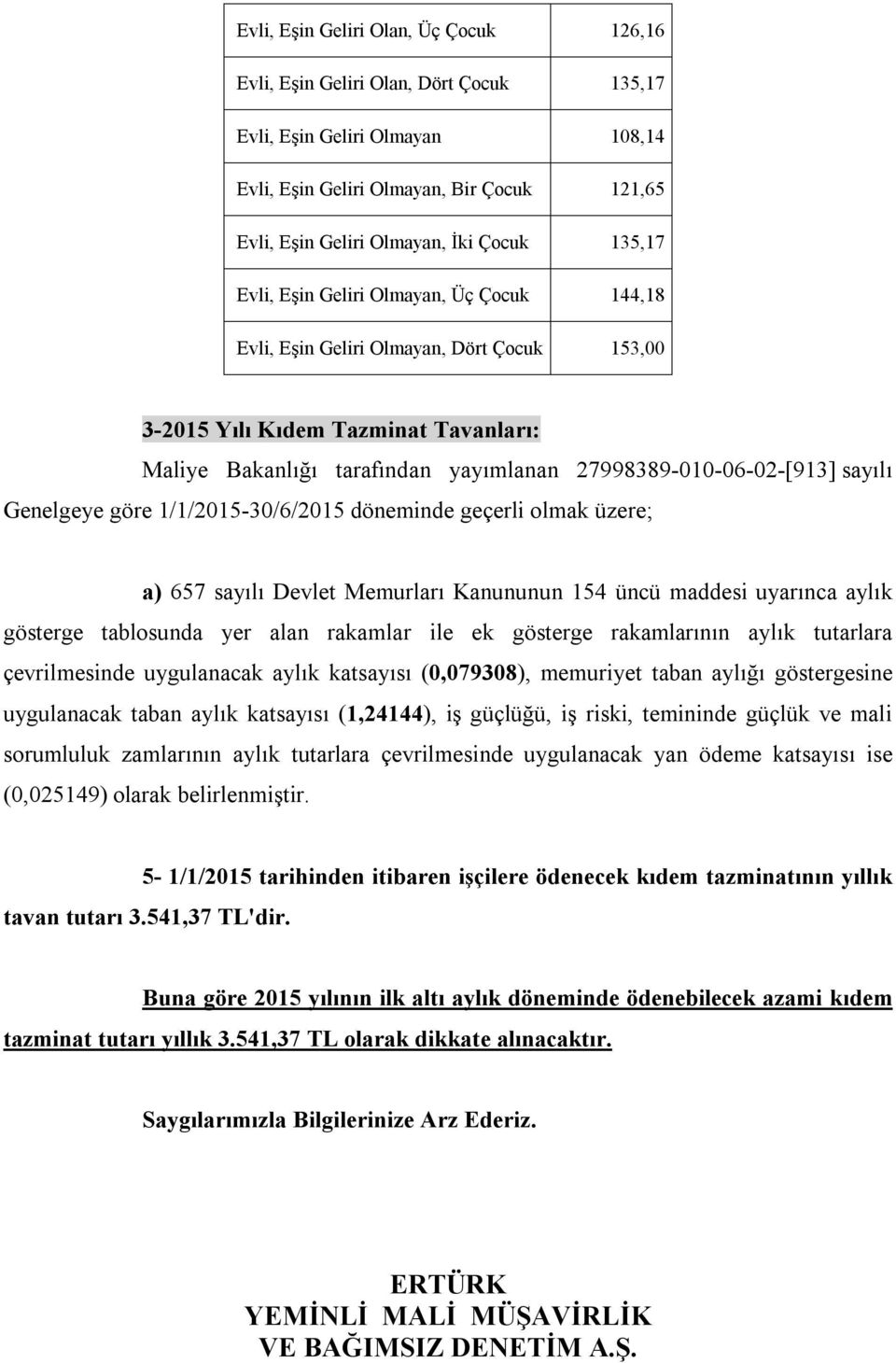 sayılı Genelgeye göre 1/1/2015-30/6/2015 döneminde geçerli olmak üzere; a) 657 sayılı Devlet Memurları Kanununun 154 üncü maddesi uyarınca aylık gösterge tablosunda yer alan rakamlar ile ek gösterge