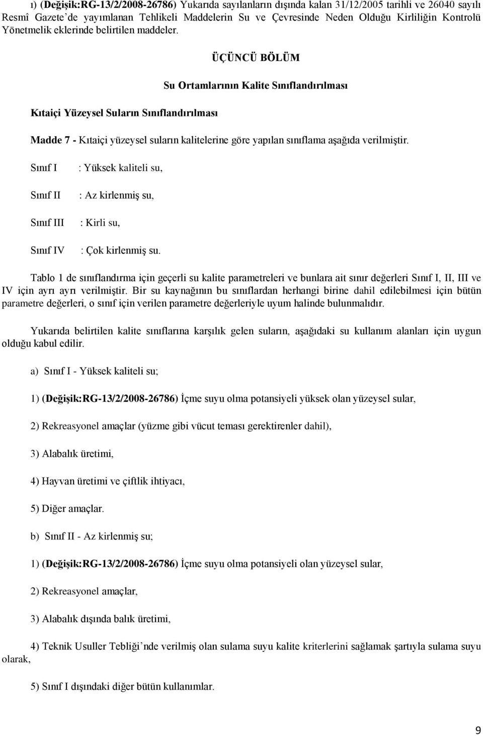 Kıtaiçi Yüzeysel Suların Sınıflandırılması ÜÇÜNCÜ BÖLÜM Su Ortamlarının Kalite Sınıflandırılması Madde 7 - Kıtaiçi yüzeysel suların kalitelerine göre yapılan sınıflama aşağıda verilmiştir.