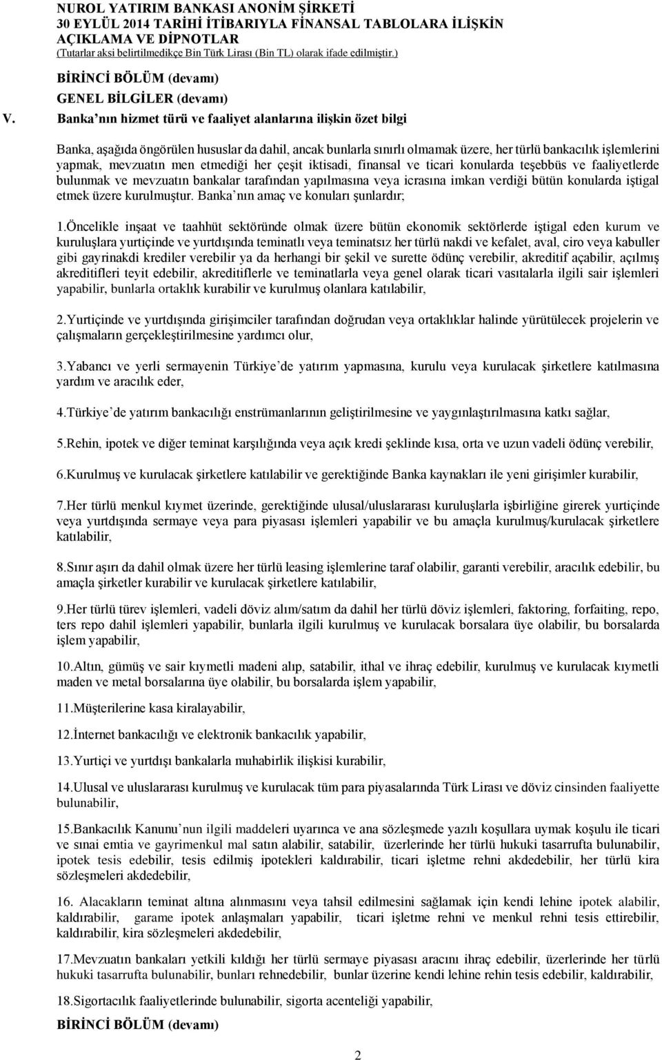 men etmediği her çeşit iktisadi, finansal ve ticari konularda teşebbüs ve faaliyetlerde bulunmak ve mevzuatın bankalar tarafından yapılmasına veya icrasına imkan verdiği bütün konularda iştigal etmek