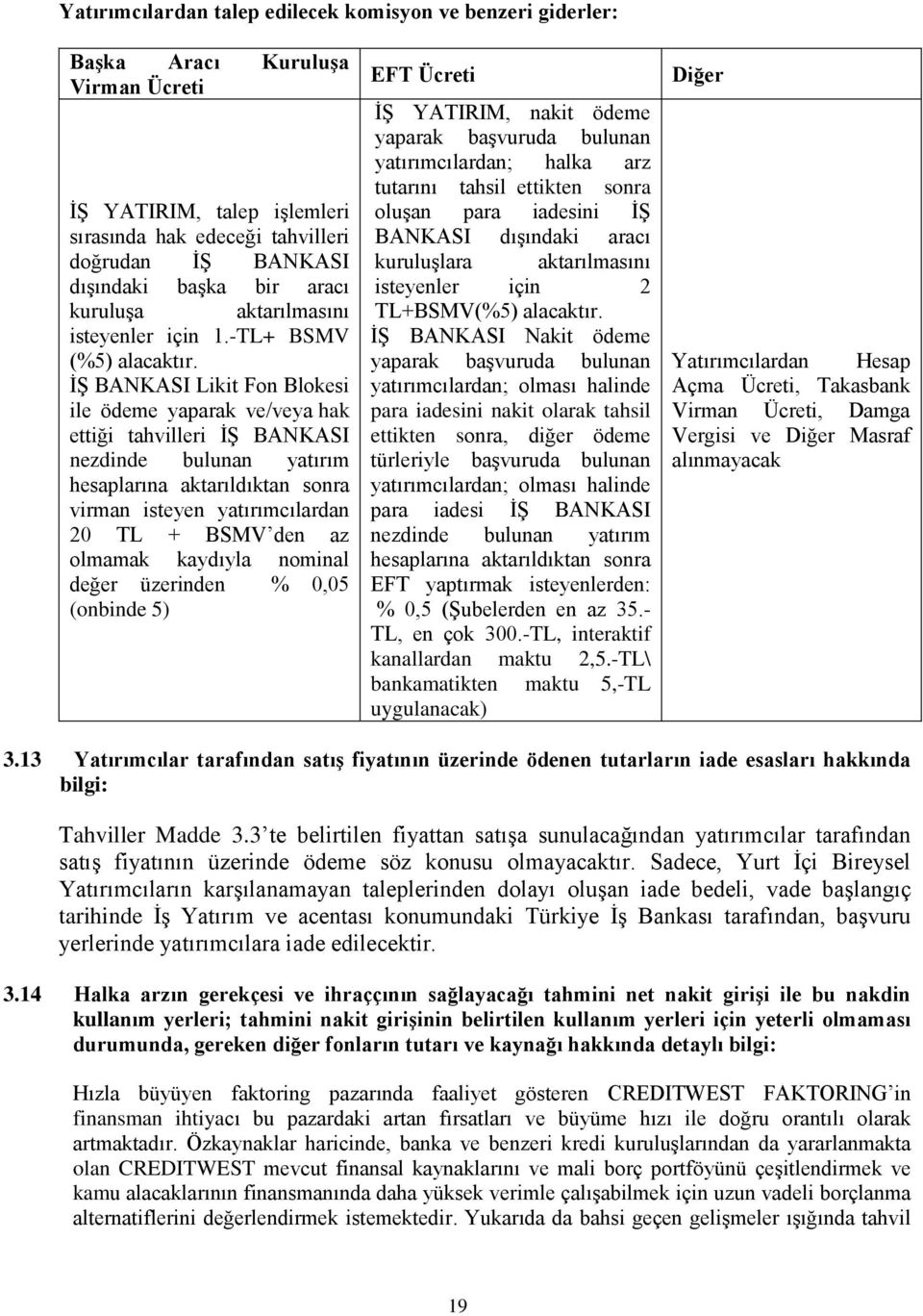 Ġġ BANKASI Likit Fon Blokesi ile ödeme yaparak ve/veya hak ettiği tahvilleri Ġġ BANKASI nezdinde bulunan yatırım hesaplarına aktarıldıktan sonra virman isteyen yatırımcılardan 20 TL + BSMV den az