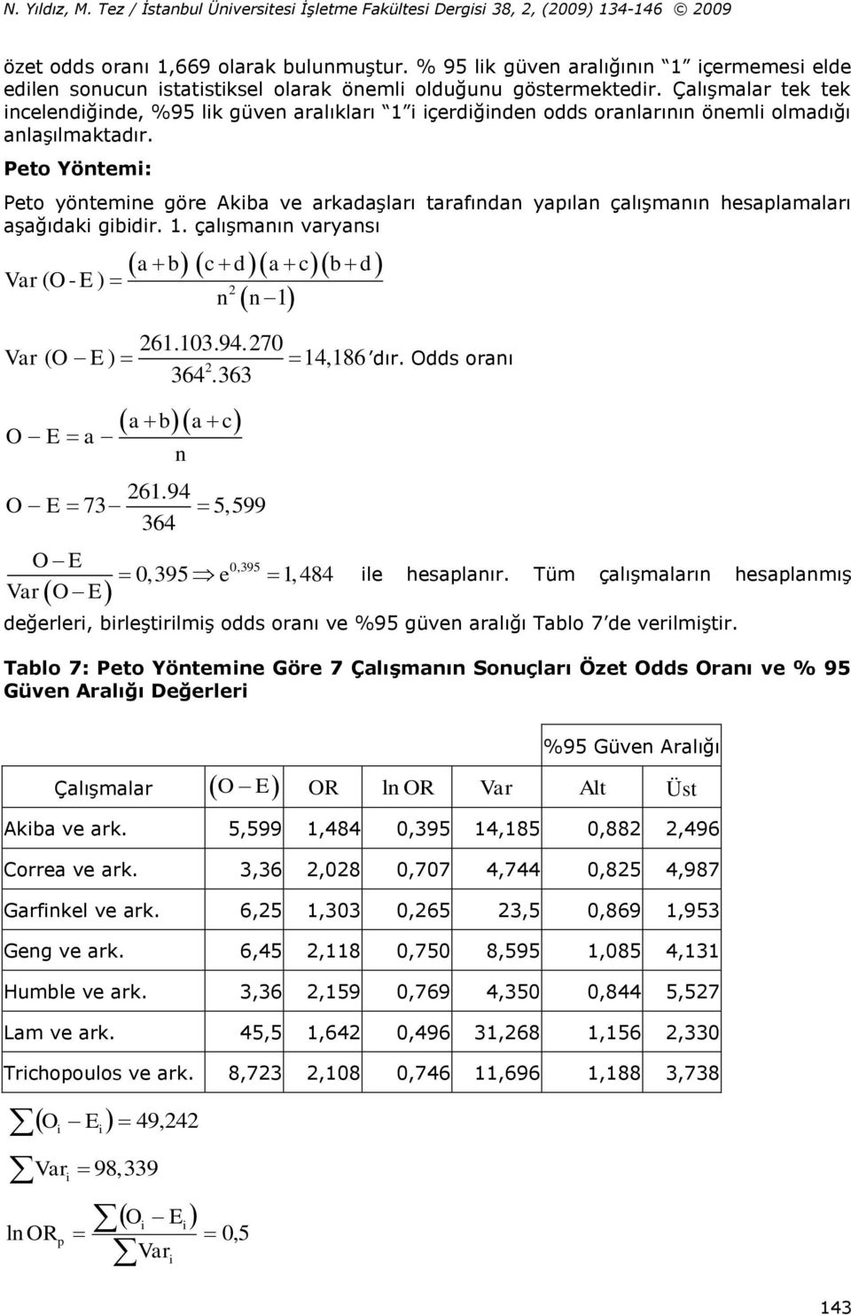 . çalışmaı varyaı ( O- E ) a b c d a c b d 2 26.03.94.270 ( O E ) 4,86 O E a 2 364.363 a b a c 26.94 O E 73 5,599 364 O E O E 0,395 0,395 e, 484 dır. Odd oraı le heaplaır.