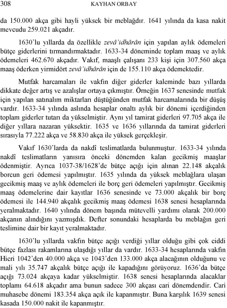 Vakıf, maaşlı çalışanı 233 kişi için 307.560 akça maaş öderken yirmidört zevâ idhârân için de 155.110 akça ödemektedir.