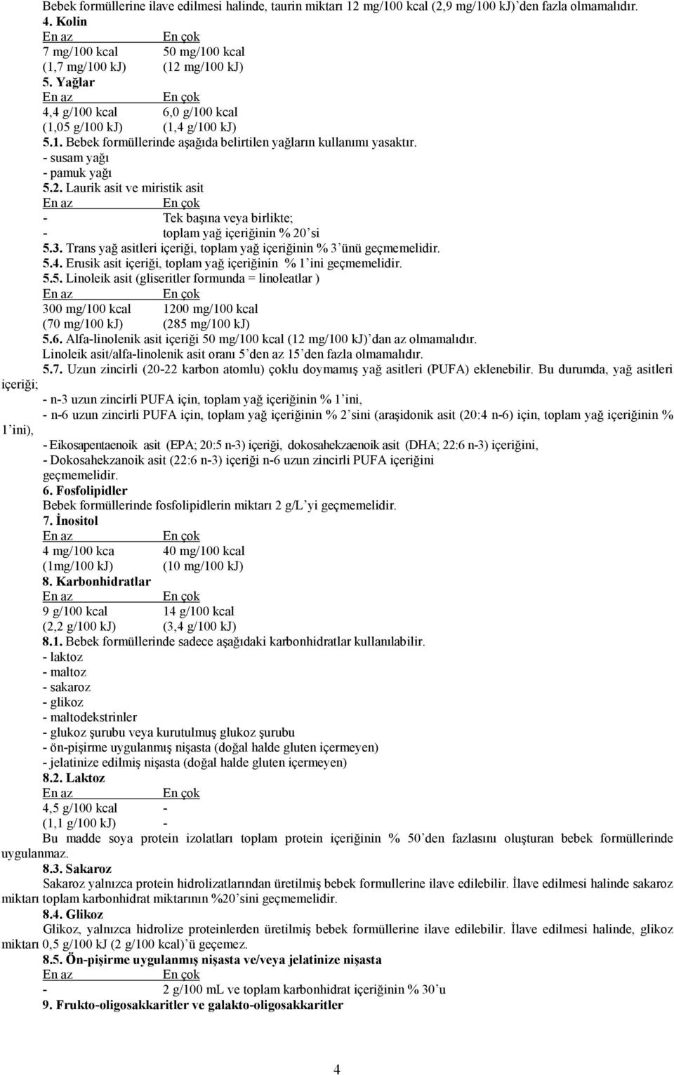 Laurik asit ve miristik asit - Tek başına veya birlikte; - toplam yağ içeriğinin % 20 si 5.3. Trans yağ asitleri içeriği, toplam yağ içeriğinin % 3 ünü geçmemelidir. 5.4.