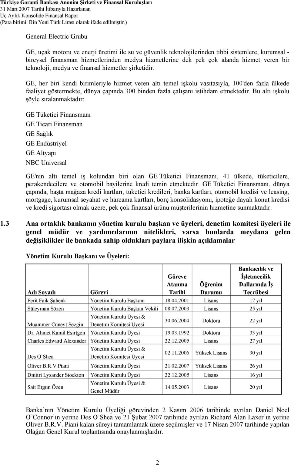 GE, her biri kendi birimleriyle hizmet veren altı temel işkolu vasıtasıyla, 100'den fazla ülkede faaliyet göstermekte, dünya çapında 300 binden fazla çalışanı istihdam etmektedir.