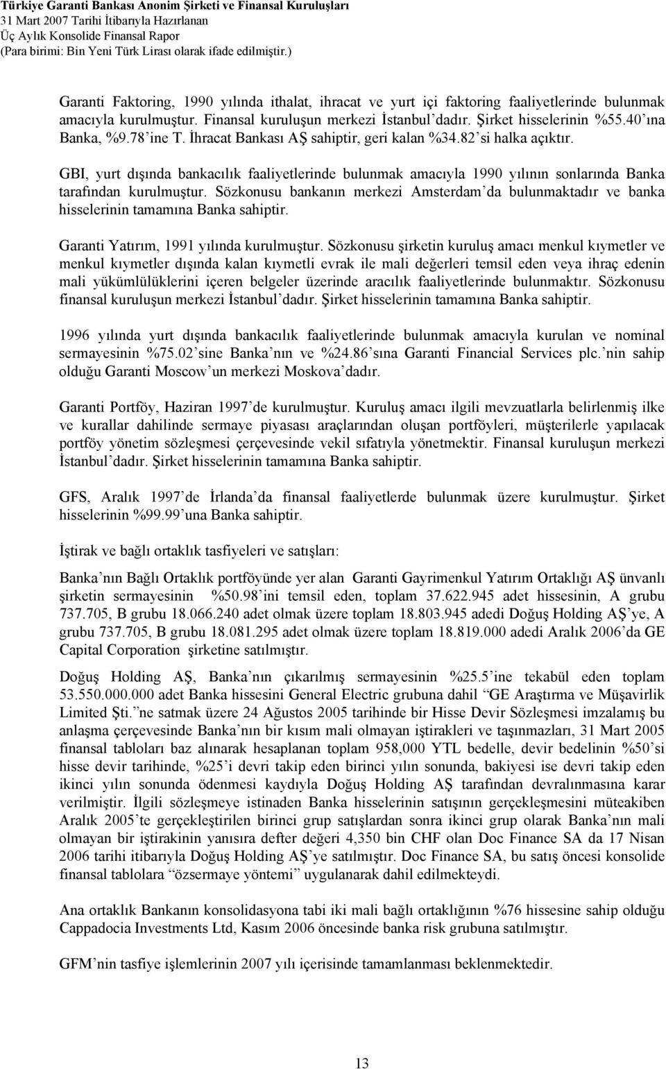 GBI, yurt dışında bankacılık faaliyetlerinde bulunmak amacıyla 1990 yılının sonlarında Banka tarafından kurulmuştur.