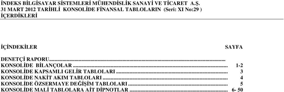 .. 1-2 KONSOLİDE KAPSAMLI GELİR TABLOLARI... 3 KONSOLİDE NAKİT AKIM TABLOLARI.