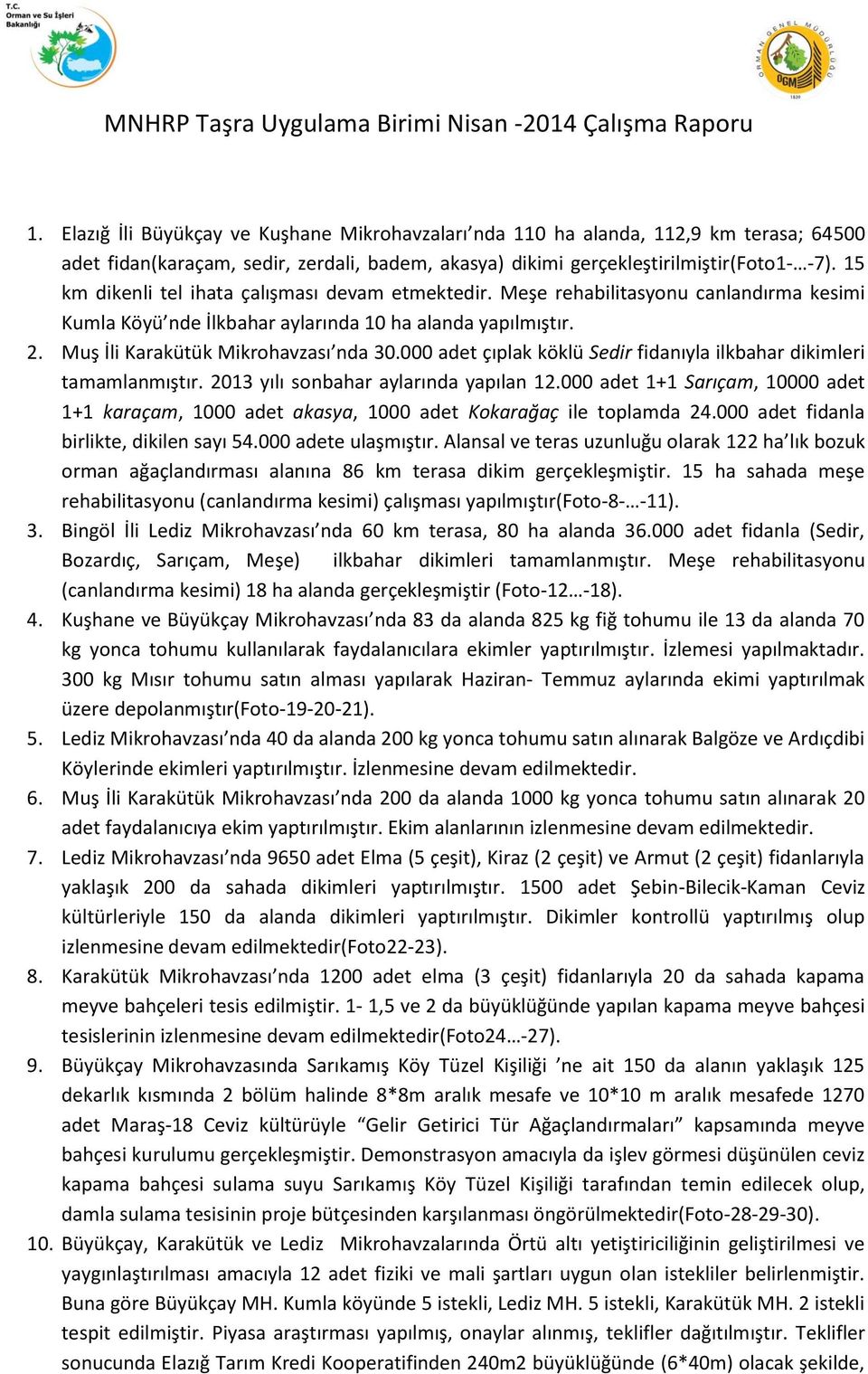 15 km dikenli tel ihata çalışması devam etmektedir. Meşe rehabilitasyonu canlandırma kesimi Kumla Köyü nde İlkbahar aylarında 10 ha alanda yapılmıştır. 2. Muş İli Karakütük Mikrohavzası nda 30.