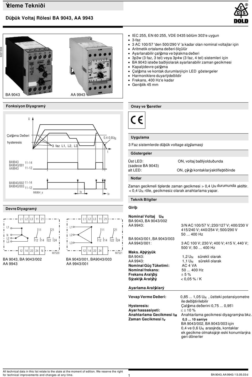 için LED göstergeler Harmoniklere duyarlý deðildir Frekans, 400 Hz'e kadar BA 904 AA 994 Fonksiyon Diyagramý Onay ve Ýþaretler U Çalýþma Deðeri hysteresis faz,, 0,4-0,6U N Uygulama Faz sistemlerde