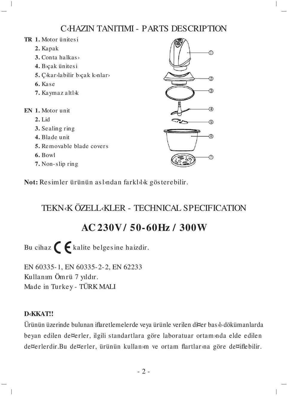 TEKN K ÖZELL KLER - TECHNICAL SPECIFICATION AC 230V / 50-60Hz / 300W Bu cihaz kalite belgesine haizdir. EN 60335-1, EN 60335-2-2, EN 62233 Kullanım Ömrü 7 yıldır.