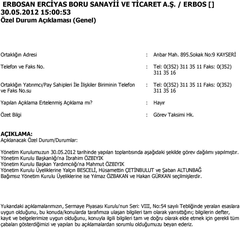 su : Tel: 0(352) 311 35 11 Faks: 0(352) 311 35 16 Yapılan Açıklama Ertelenmiş Açıklama mı? : Hayır Özet Bilgi : Görev Taksimi Hk. AÇIKLAMA: Açıklanacak Özel Durum/Durumlar: muzun 30.05.