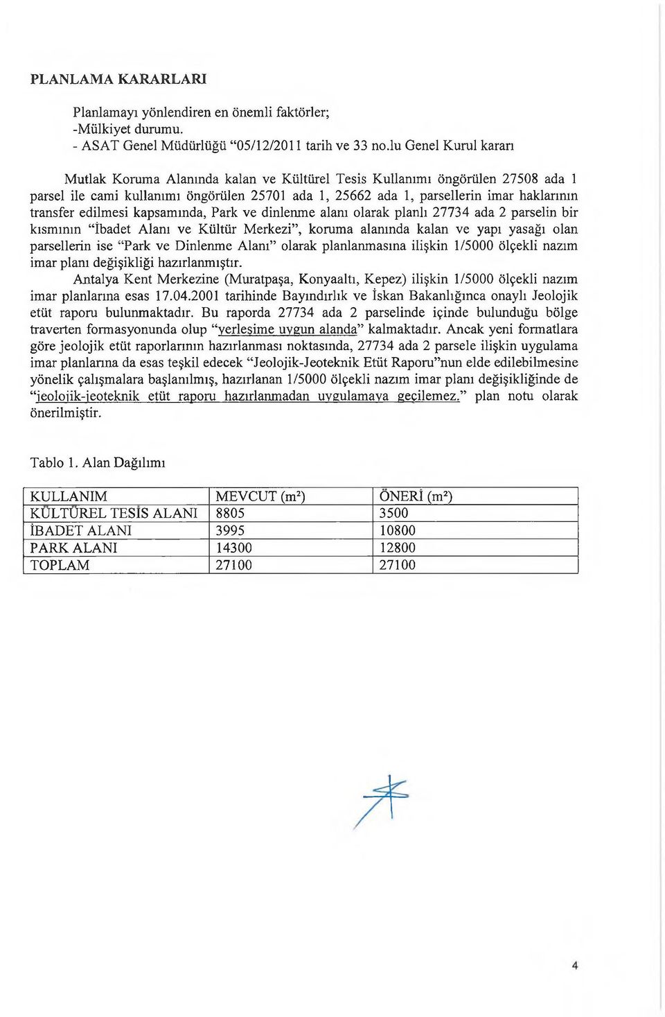 edilmesi kapsamında, Park ve dinlenme alanı olarak planlı 27734 ada 2 parselin bir kısmının İbadet Alanı ve Kültür Merkezi, koruma alanında kalan ve yapı yasağı olan parsellerin ise Park ve Dinlenme