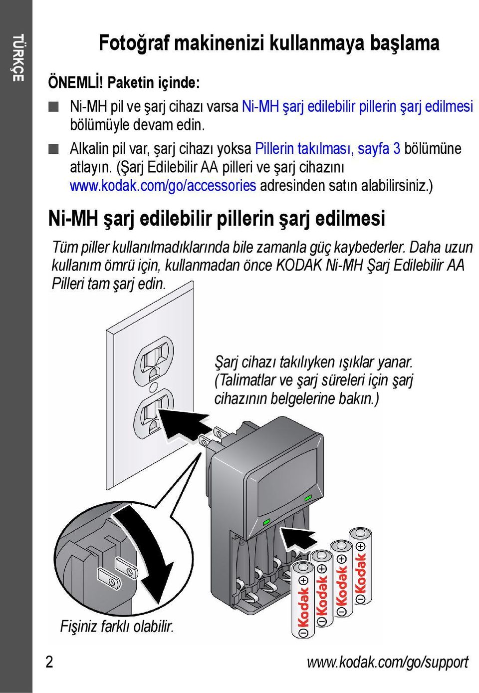 com/go/accessories adresinden satın alabilirsiniz.) Ni-MH şarj edilebilir pillerin şarj edilmesi Tüm piller kullanılmadıklarında bile zamanla güç kaybederler.