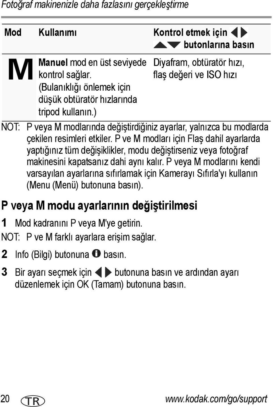 P ve M modları için Flaş dahil ayarlarda yaptığınız tüm değişiklikler, modu değiştirseniz veya fotoğraf makinesini kapatsanız dahi aynı kalır.