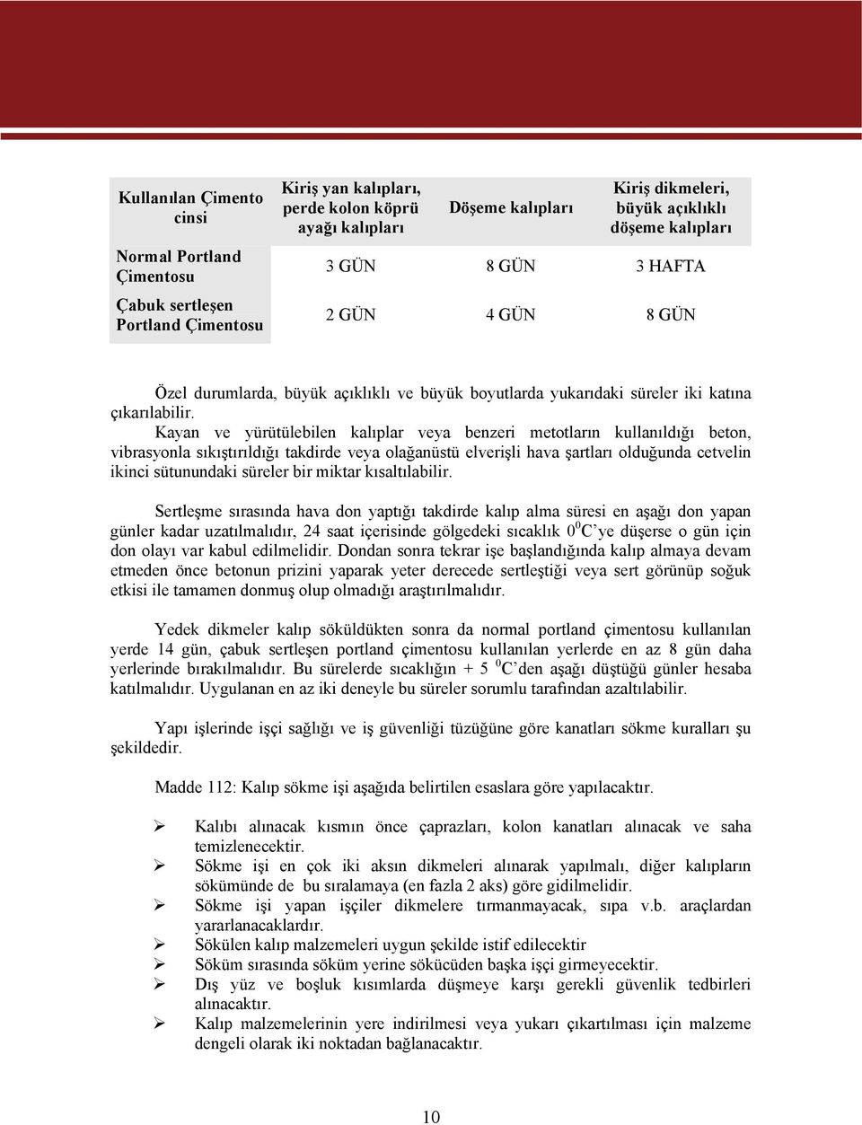 Kayan ve yürütülebilen kalıplar veya benzeri metotların kullanıldığı beton, vibrasyonla sıkıştırıldığı takdirde veya olağanüstü elverişli hava şartları olduğunda cetvelin ikinci sütunundaki süreler