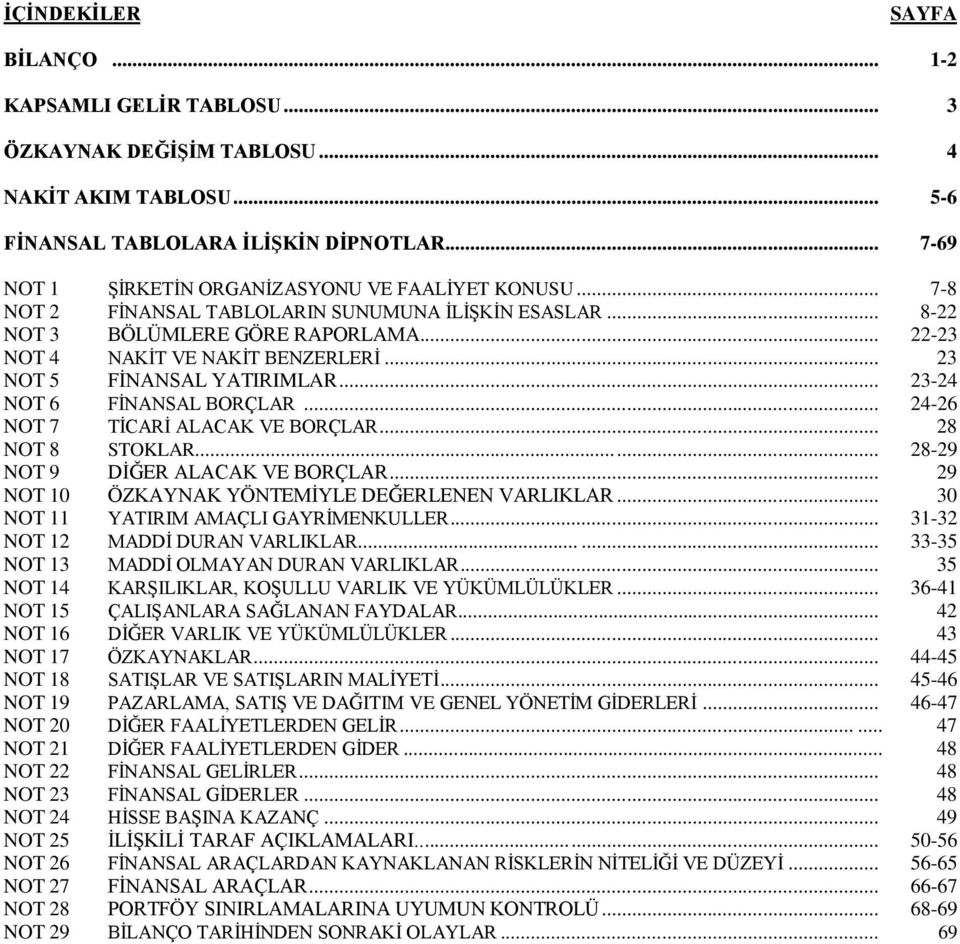 .. 23 NOT 5 FİNANSAL YATIRIMLAR... 23-24 NOT 6 FİNANSAL BORÇLAR... 24-26 NOT 7 TİCARİ ALACAK VE BORÇLAR... 28 NOT 8 STOKLAR...... 28-29 NOT 9 DİĞER ALACAK VE BORÇLAR.