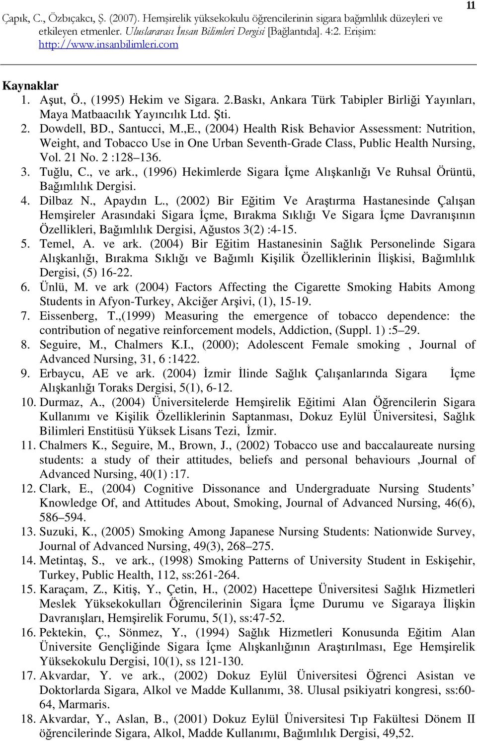 , (1996) Hekimlerde Sigara İçme Alışkanlığı Ve Ruhsal Örüntü, Bağımlılık Dergisi. 4. Dilbaz N., Apaydın L.