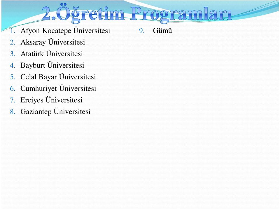 Osmaniye Korkut Ata Üniversitesi 15. Pamukkale Üniversitesi 16. Tunceli Üniversitesi 2013 yılı itibariyle 2.öğretim programlarındaki toplam kontenjan 950.