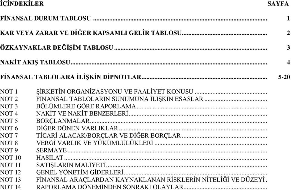 .. NOT 3 BÖLÜMLERE GÖRE RAPORLAMA... NOT 4 NAKİT VE NAKİT BENZERLERİ... NOT 5 BORÇLANMALAR... NOT 6 DİĞER DÖNEN VARLIKLAR... NOT 7 TİCARİ ALACAK/BORÇLAR VE DİĞER BORÇLAR.